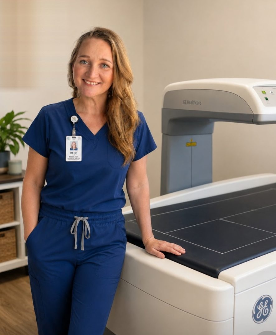 Amber, RT, standing beside the DEXA scanner at Precision Dexa